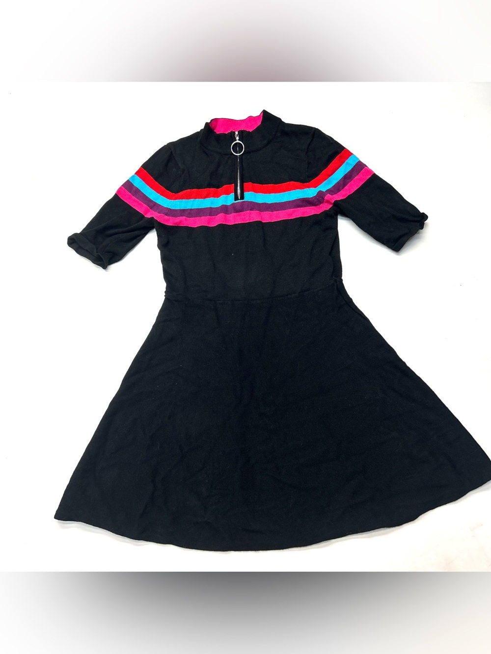 Sequin Hearts Girls Black Skater Dress Pink, Teal & Red Stripes Fit Flare 80s